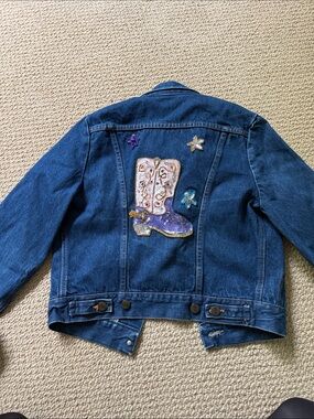 Wrangler Blue Denim Jacket with Sequin Cowboy Boot Applique
